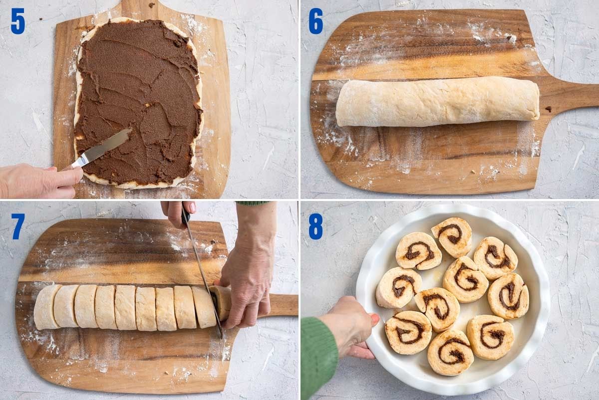 Collage of 4 images showing how to spread dough with cinnamon sugar butter, roll up the dough, cut it into 10 rolls and place them in a baking dish