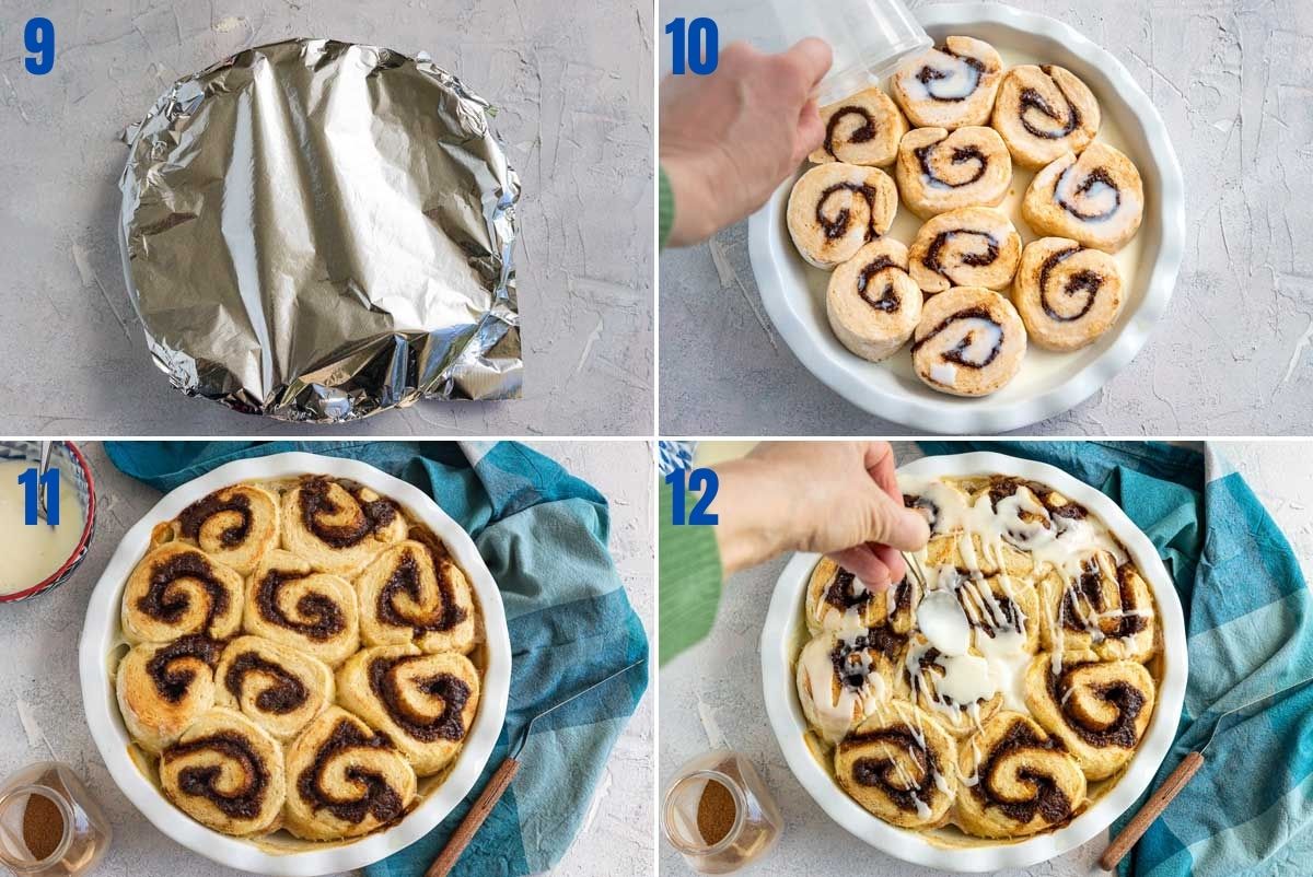 Collage of 4 images showing how to cover cinnamon scrolls while rising, pour liquid over before baking, after baking and drizzling over the icing