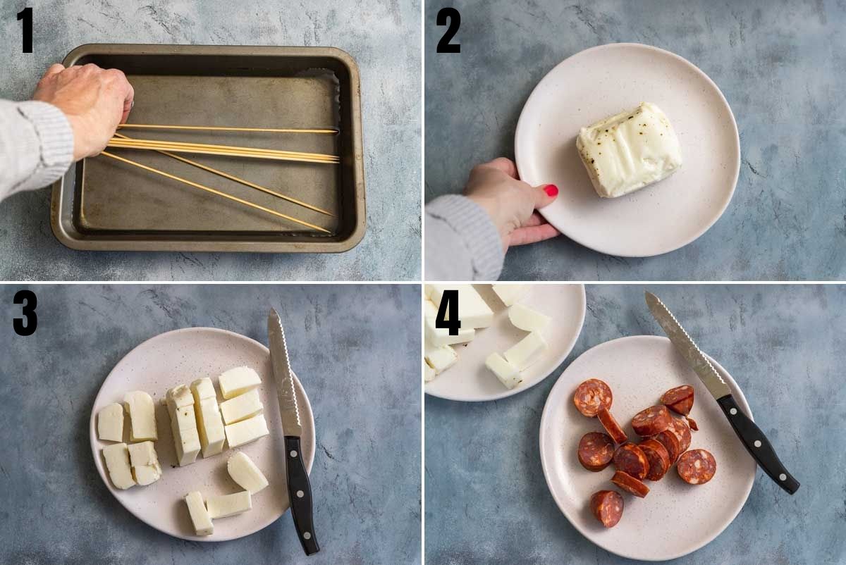 Collage of 4 images showing how to make halloumi skewers 