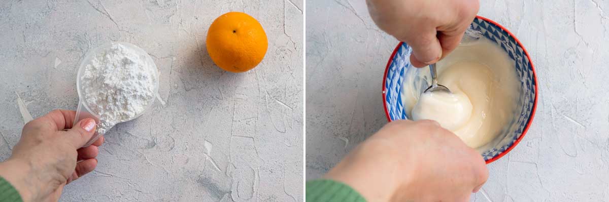 Collage of 2 images showing the ingredients for making cinnamon scroll icing - just icing sugar and orange juice - and the finished icing