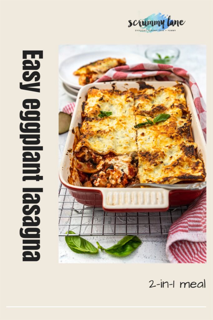 A baking dish of eggplant on a cooking rack and with a red and white tea towel in the foreground and with a title on it for Pinterest