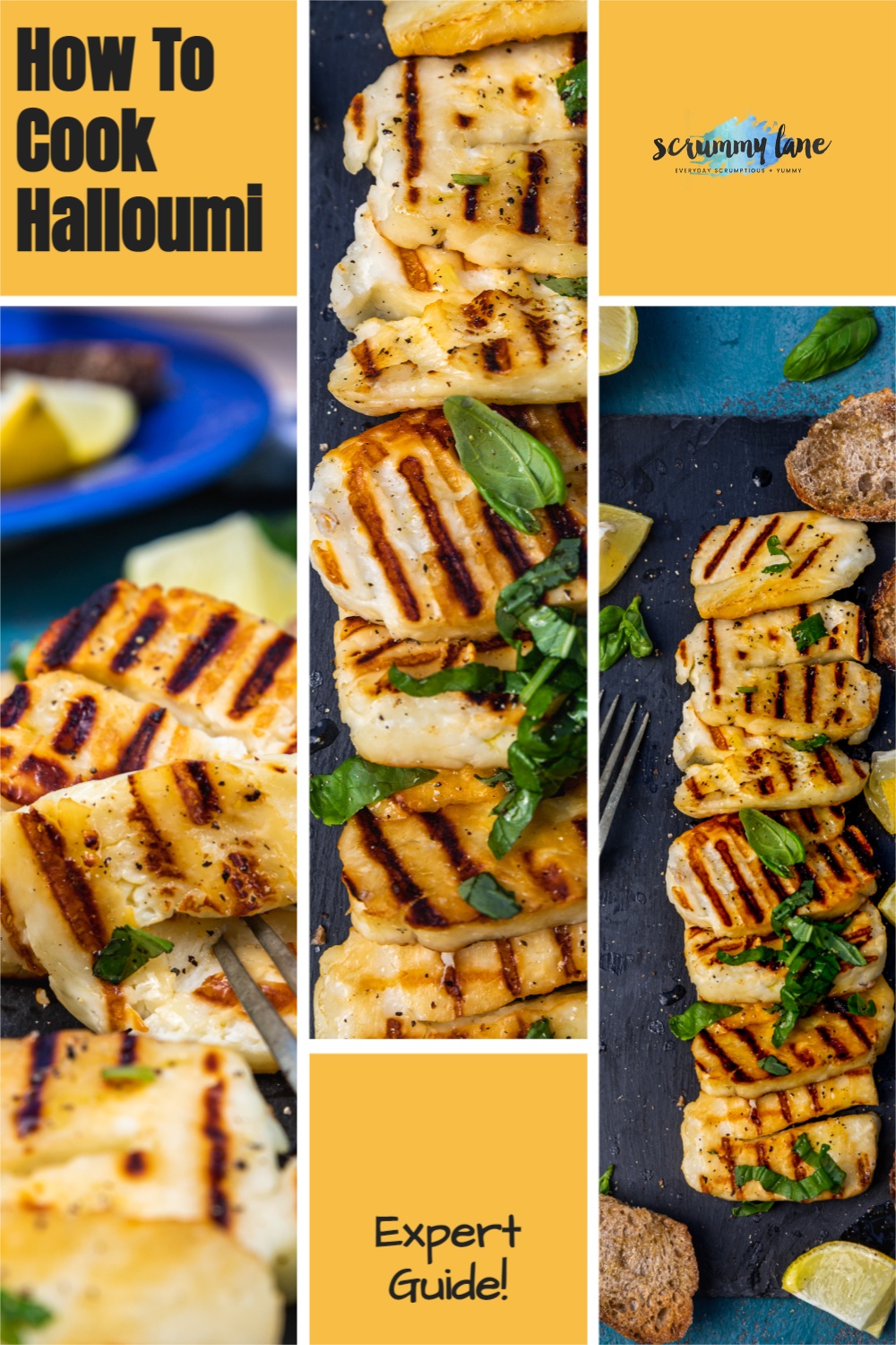 collage of images of cooked halloumi on a yellow background with title on it for Pinterest that says how to cook halloumi expert guide