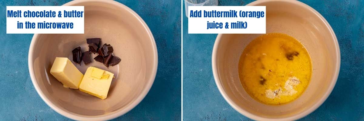 2 labelled images showing chocolate and butter together in a big bowl, then after melted and with buttermilk added