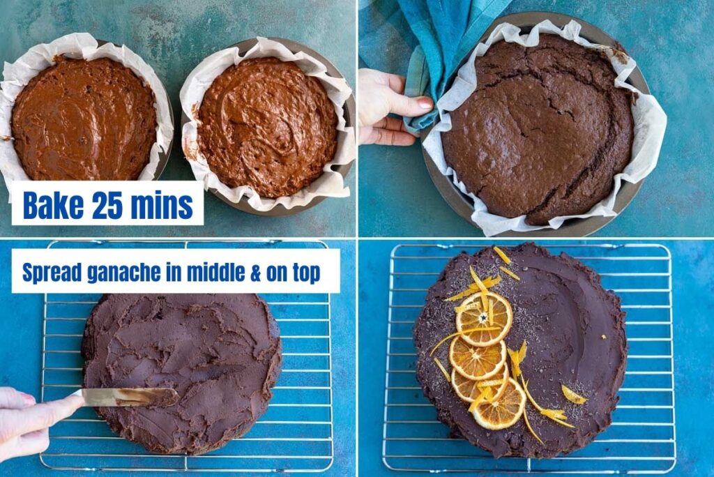 collage of 4 images showing cake batter in tins ready for baking, one of the baked cakes, spreading on the ganache and decorated with orange slices