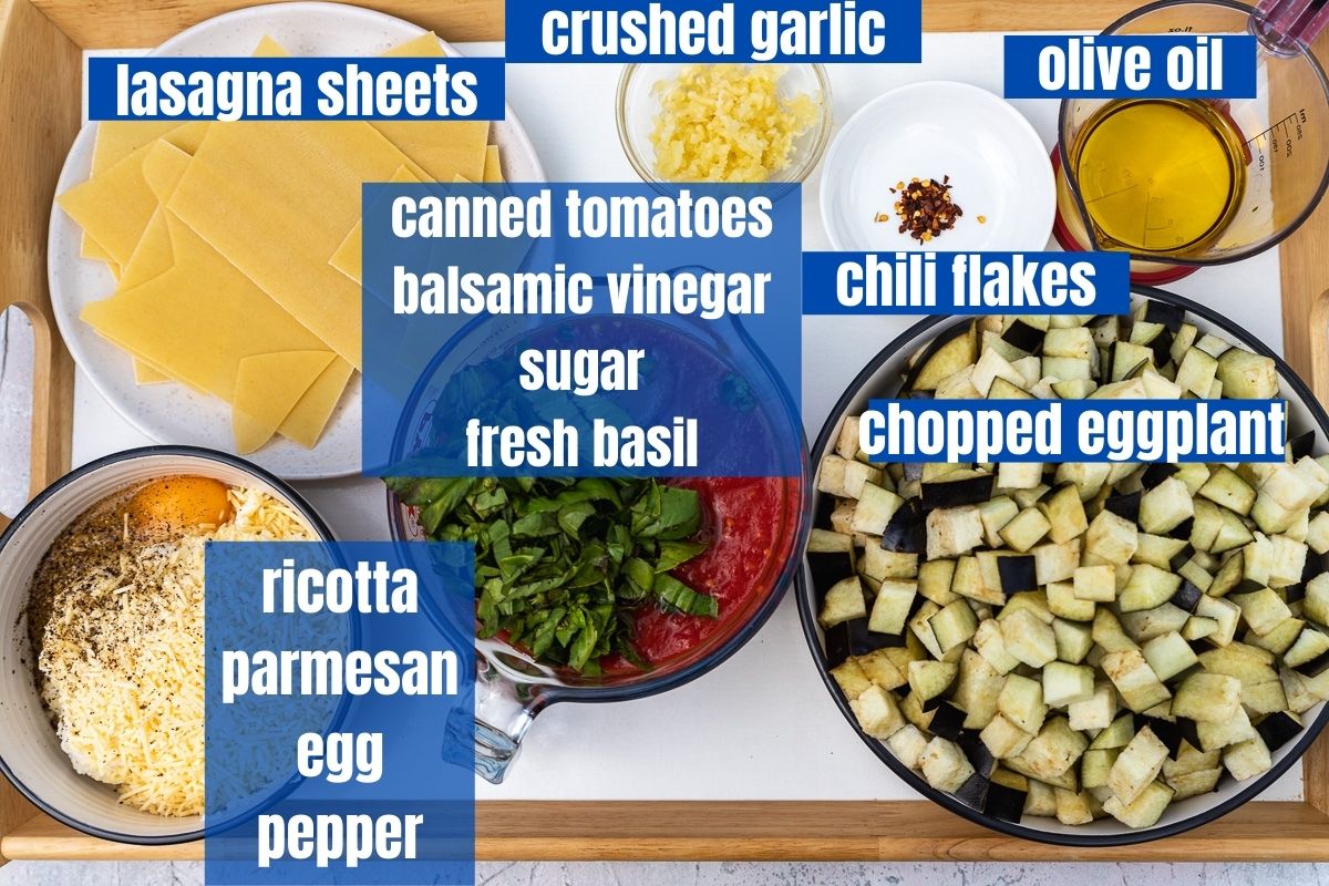 Main ingredients needed to make eggplant lasagna from above