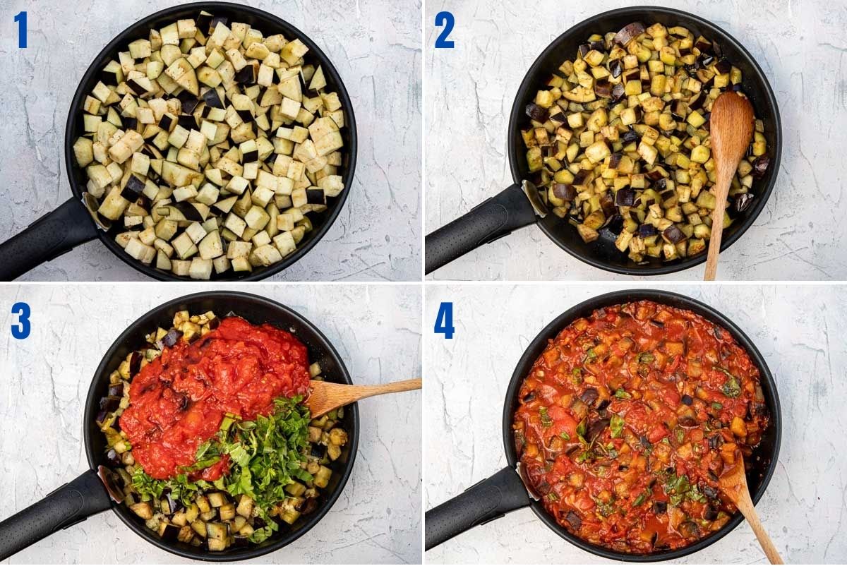 collage of images showing how to make an eggplant sauce for an eggplant lasagna