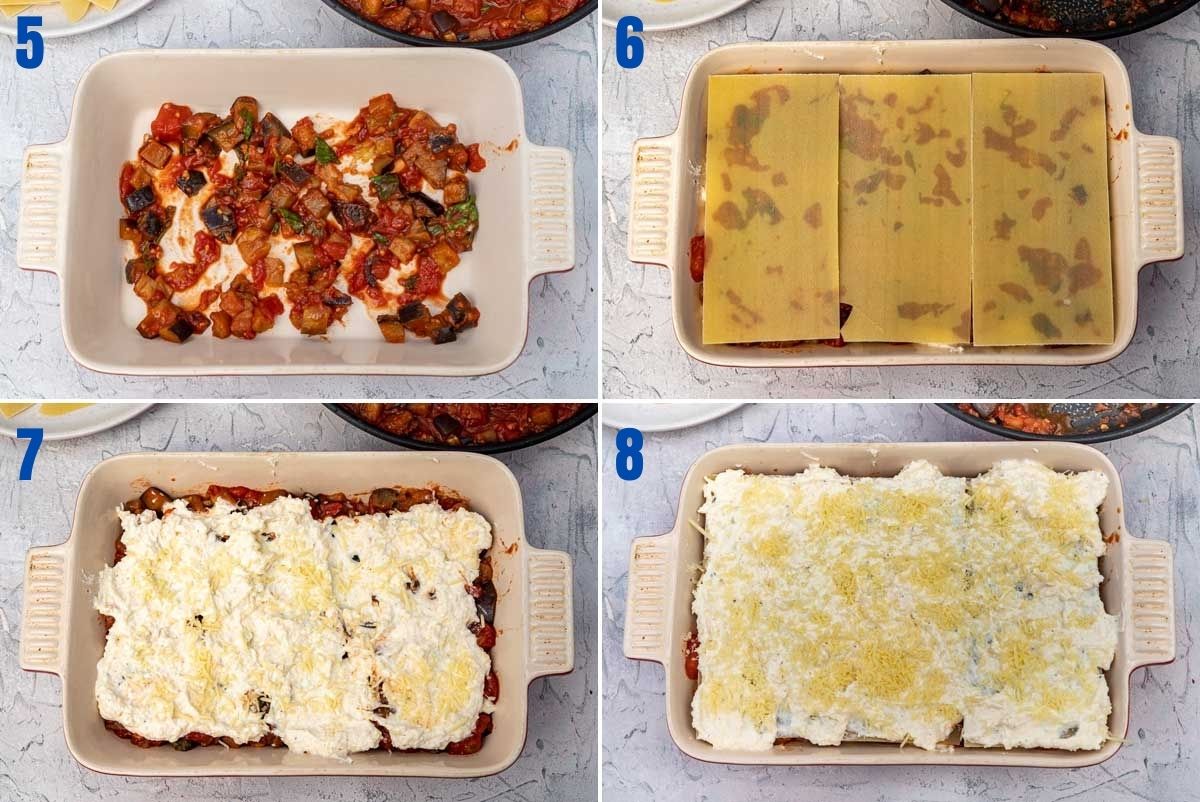 collage of 4 images showing how to layer an eggplant lasagna