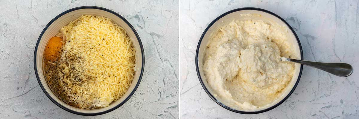 collage of 2 images showing how to make the ricotta sauce for an eggplant lasagna