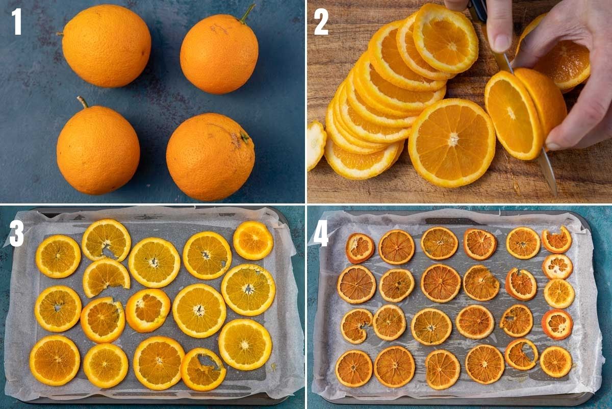 collage of 4 images showing how to make dried orange slices. Image 1 shows 4 oranges on a blue surface, image 2 shows someone slicing the oranges thinly with a sharp knife, image 3 shows the slices on a baking tray and image 4 shows the finished dried oranges on a baking tray