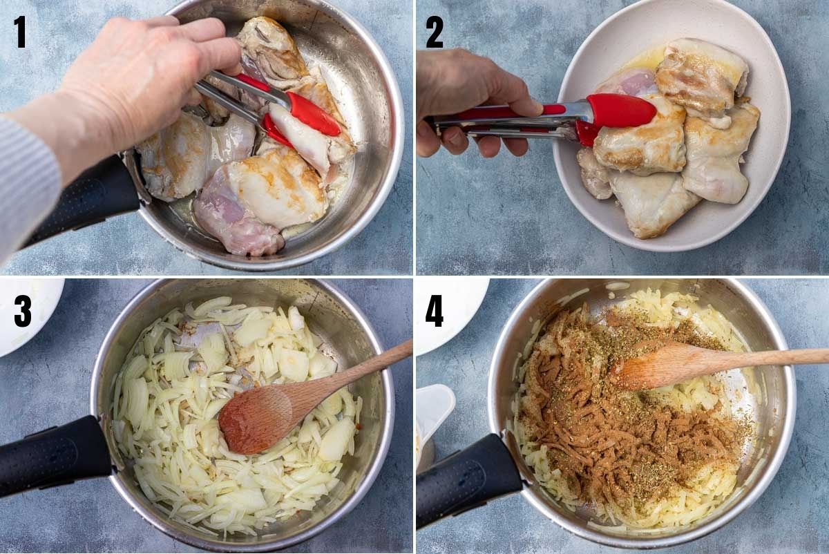 First 4 steps to make giouvetsi with chicken, including browning the chicken, removing it to a plate, then browning the onions and adding some of the spices