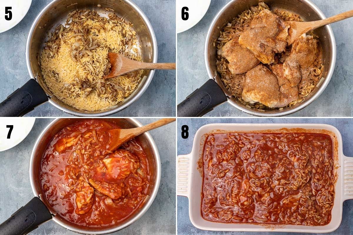 collage of 4 images showing second part of making giouvetsi with chicken including adding spices, pouring over tomato passata and getting ready to bake