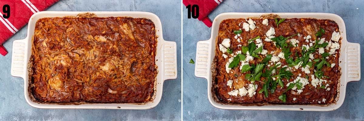 collage of 2 images showing giouvetsi with chicken in a baking dish overhead before and after baking