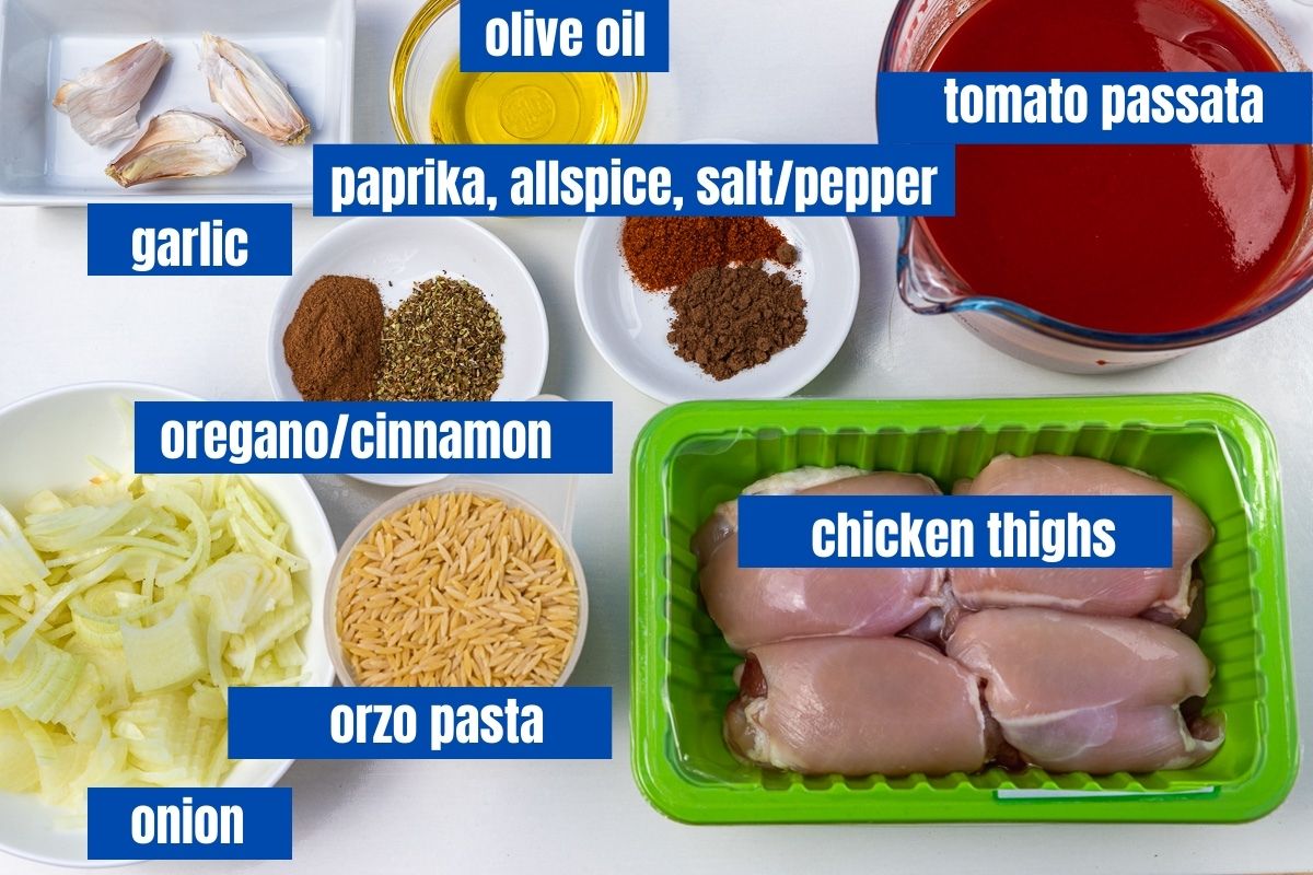 A labelled image of the ingredients needed to make giouvetsi with chicken including garlic, olive oil, chicken thighs, herbs and spices, tomato passata, onion and orzo pasta