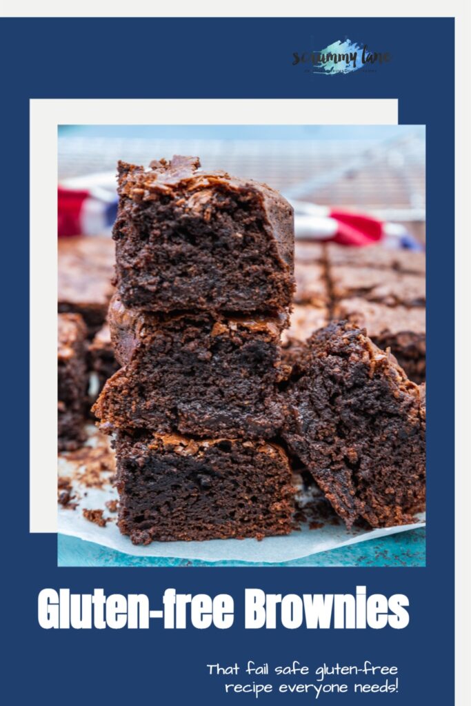 A stack of 3 gluten-free brownies with a blue frame around it and a title on it for Pinterest