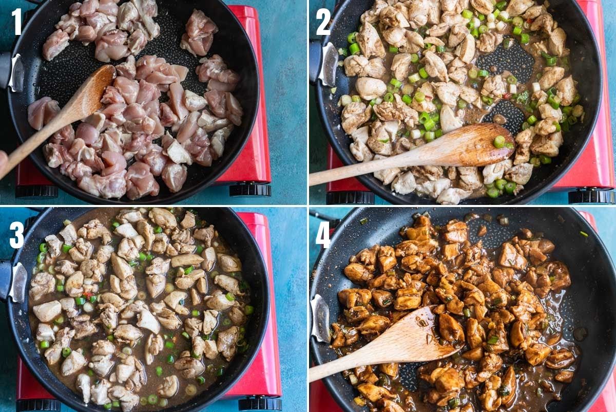 collage of 4 images showing how to stir-fry the chicken to make Shanghai chicken