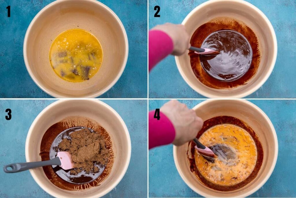 Collage of 4 images showing how to make gluten-free brownies in one bowl