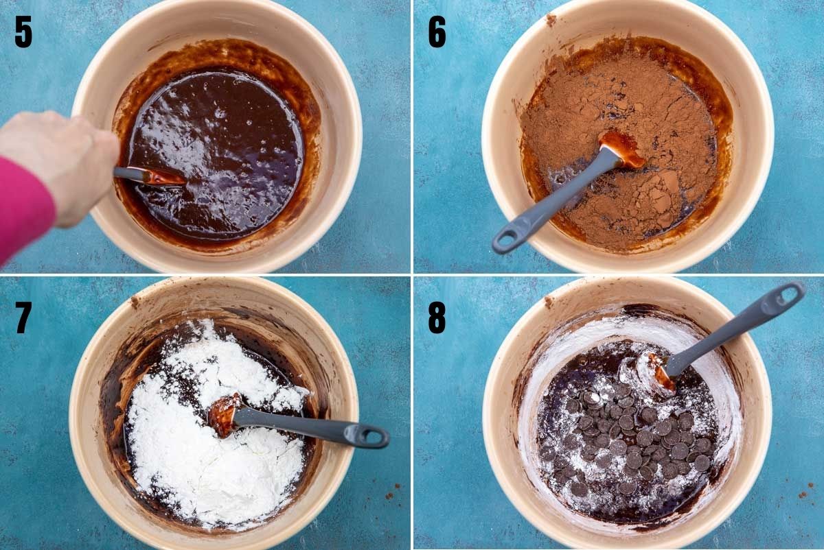 Collage of 4 images showing the last steps to making one bowl gluten free brownies
