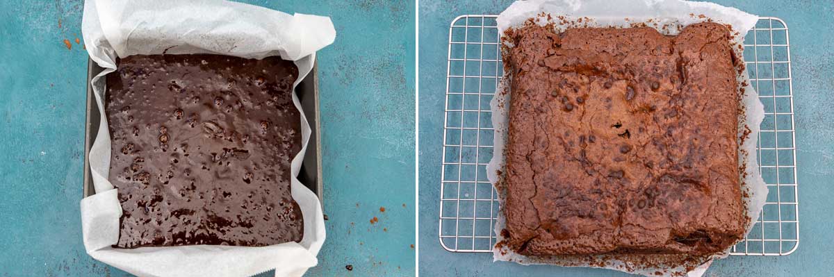 2 images showing gluten-free brownies before and after baking
