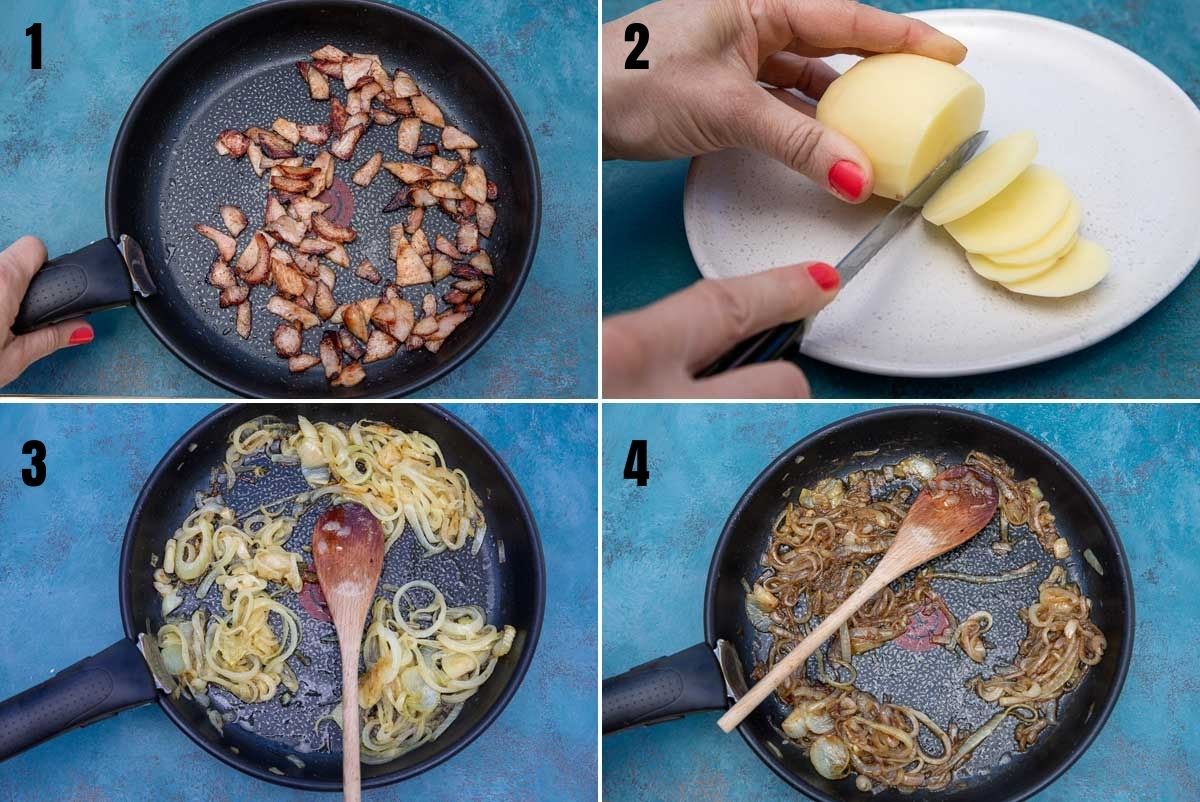 Collage of 4 images showing how to make a potato bake with bacon or boulangere potatoes