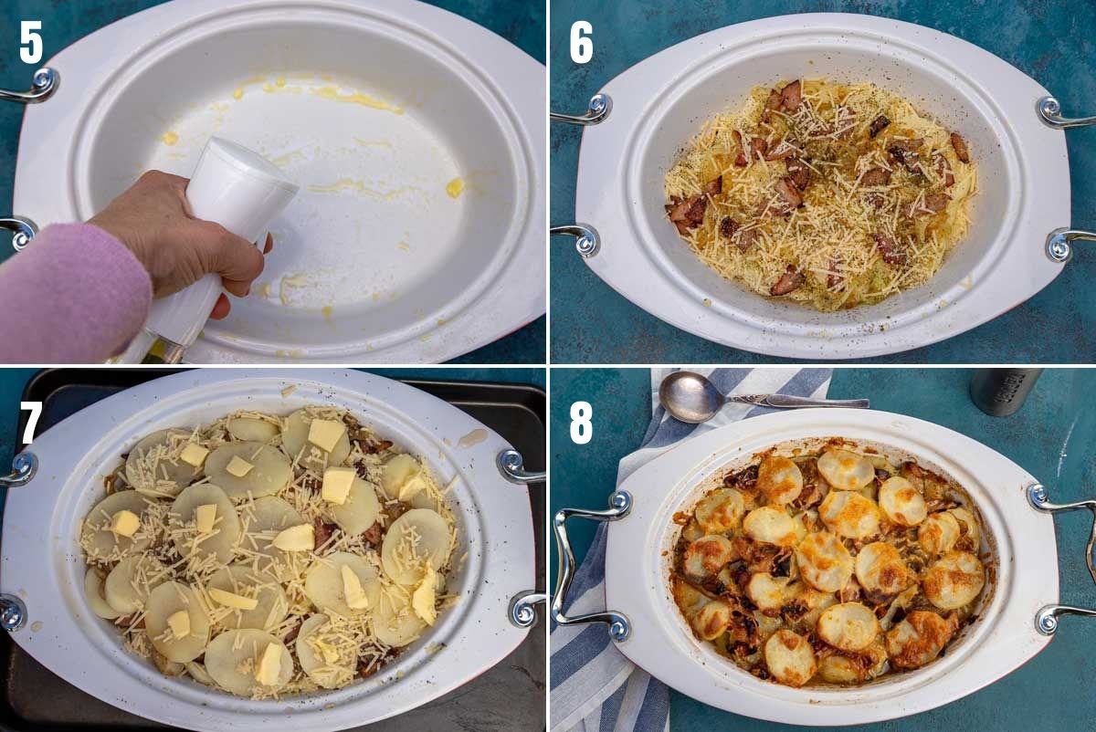 2nd collage of 4 images showing how to layer a potato bake with bacon or boulangere potatoes