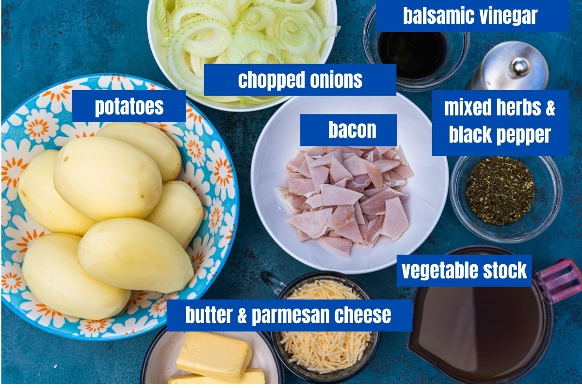 A collage showing the labelled ingredients used to make a potato bake with bacon or boulangere potatoes