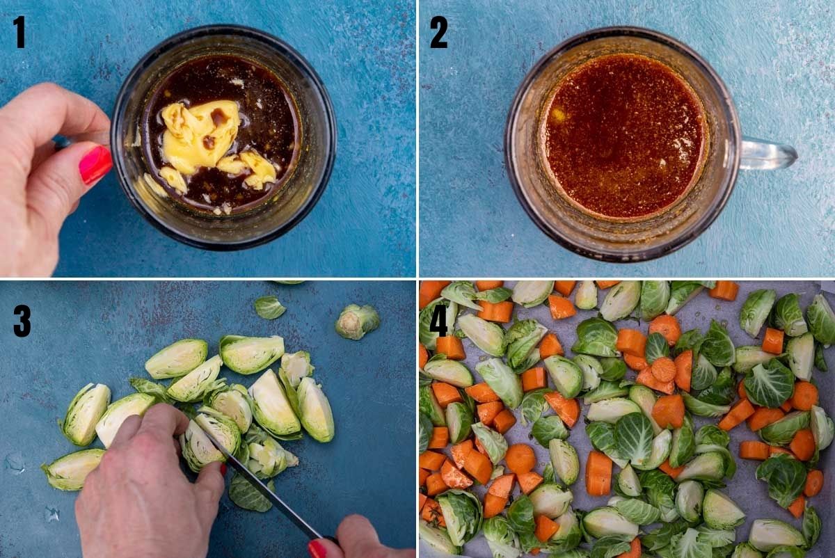 collage of 4 images showing how to make roasted brussels sprouts and carrots with a balsamic dressing