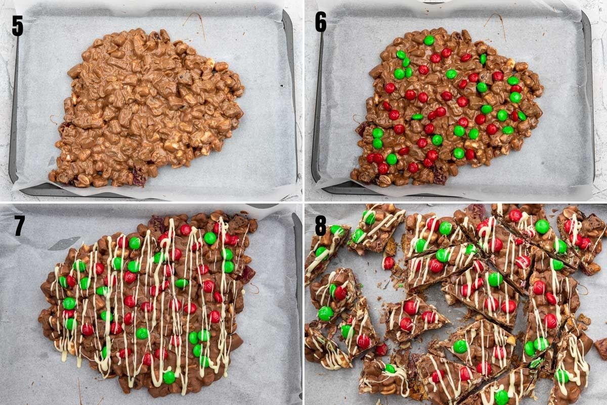 collage of 4 images showing how to decorate Christmas rocky road on a baking tray