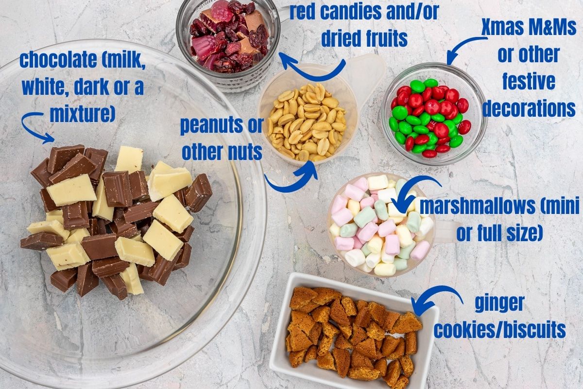 Image from above showing all the ingredients needed to make christmas rocky road