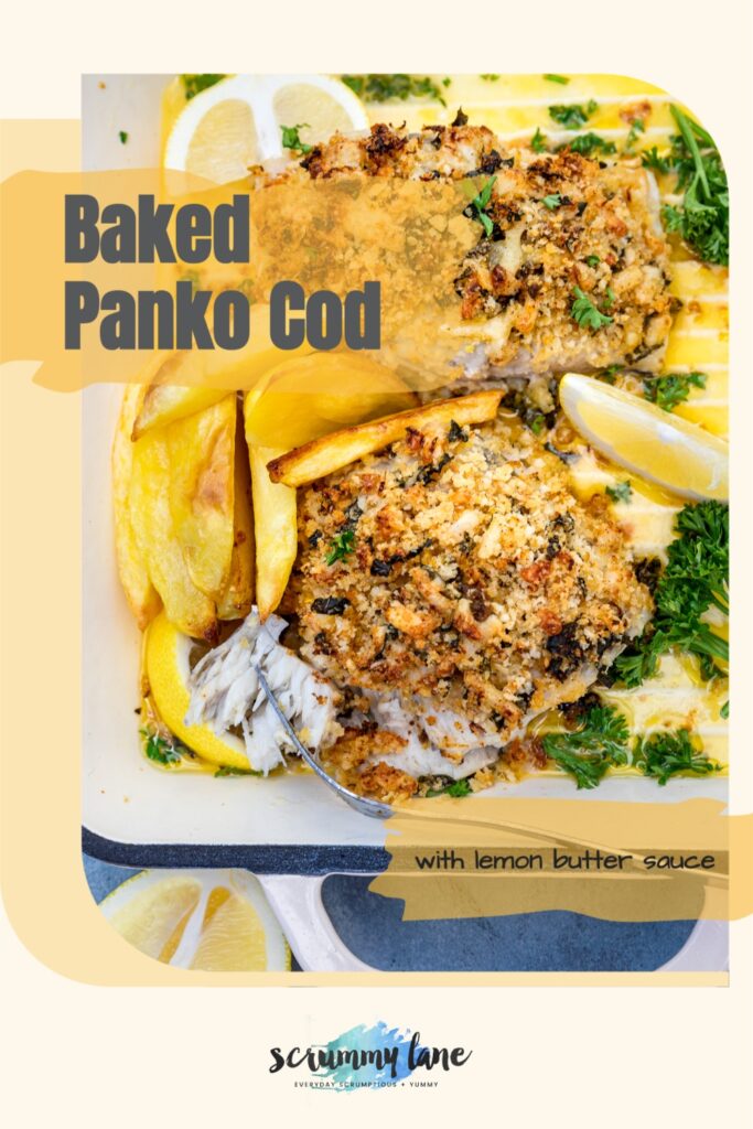 Cast iron pan of baked panko cod from above for Pinterest