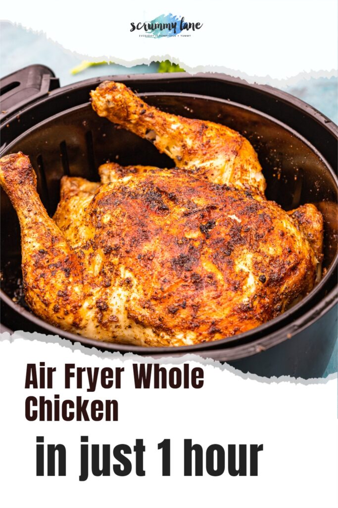 A whole cooked chicken in an air fryer with a title on it for Pinterest