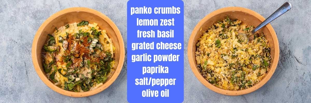 Collage of 2 images showing ingredients for panko topping for cod with the ingredients written in the middle