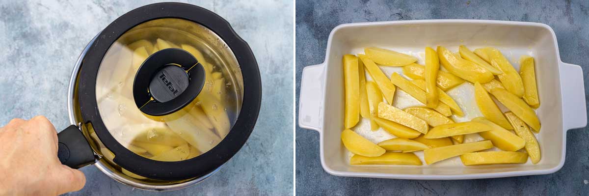 collage of 2 images showing potato wedges being parboiled and in a baking dish ready to be baked