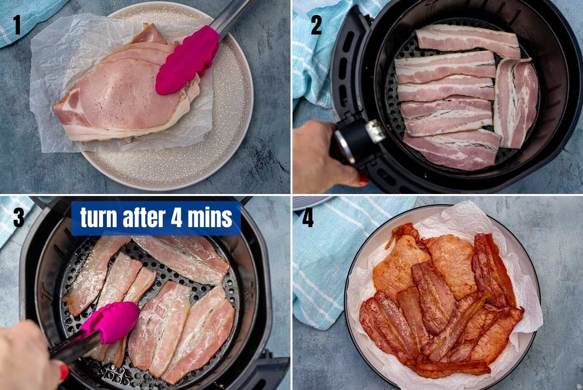 a collage of 4 images showing how to air fry bacon in a basket air fryer