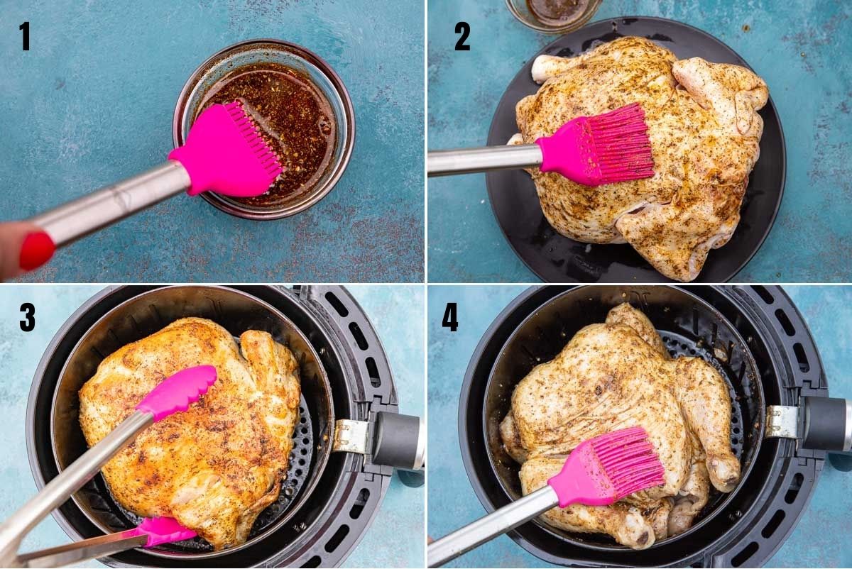 Collage of 4 images showing how to baste a chicken to cook in an air fryer