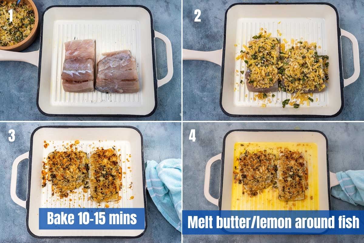 collage of 4 images showing how to top cod with panko topping, bake it and then surround with lemon butter sauce