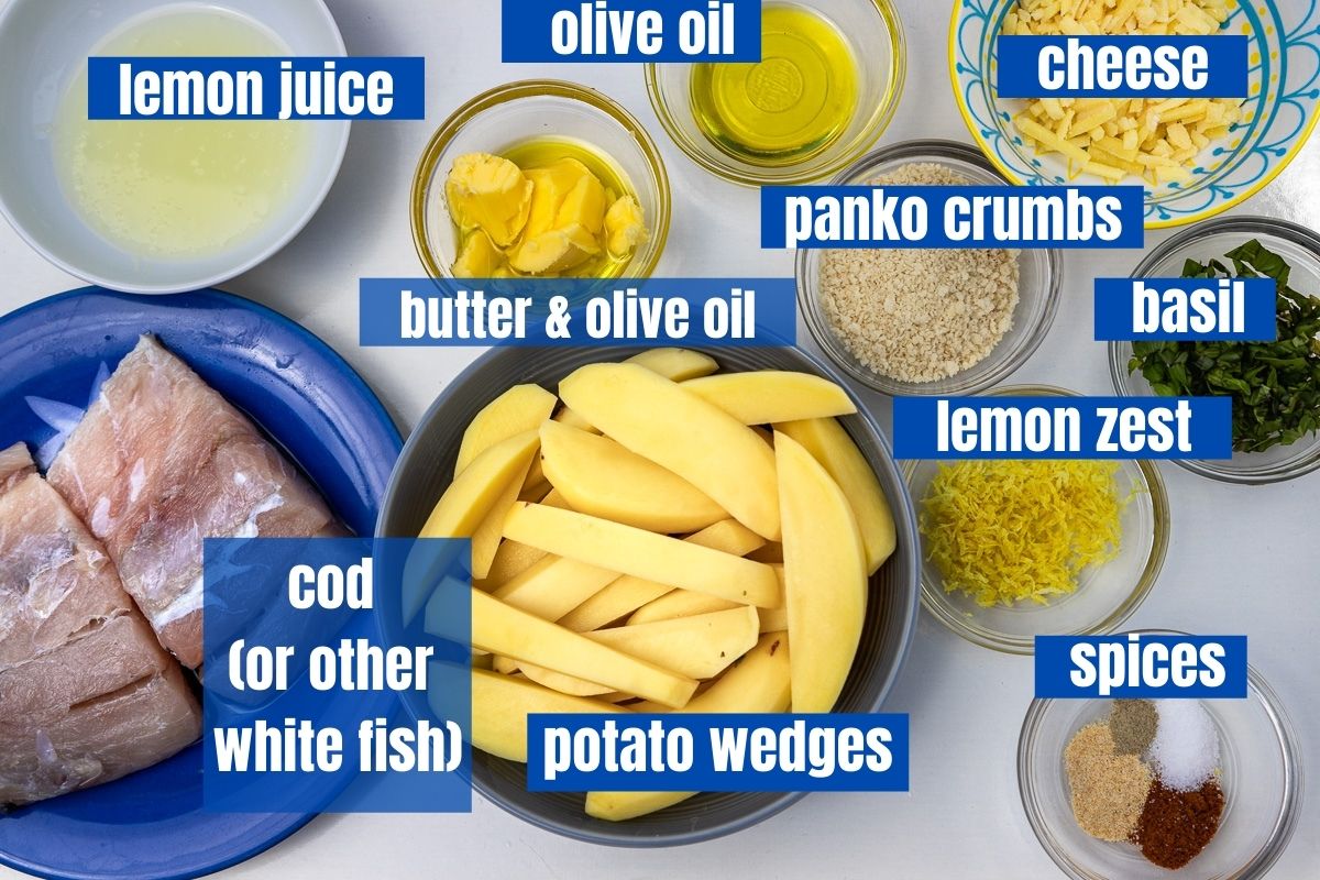 Individual ingredients for panko baked cod with lemon butter sauce from above 