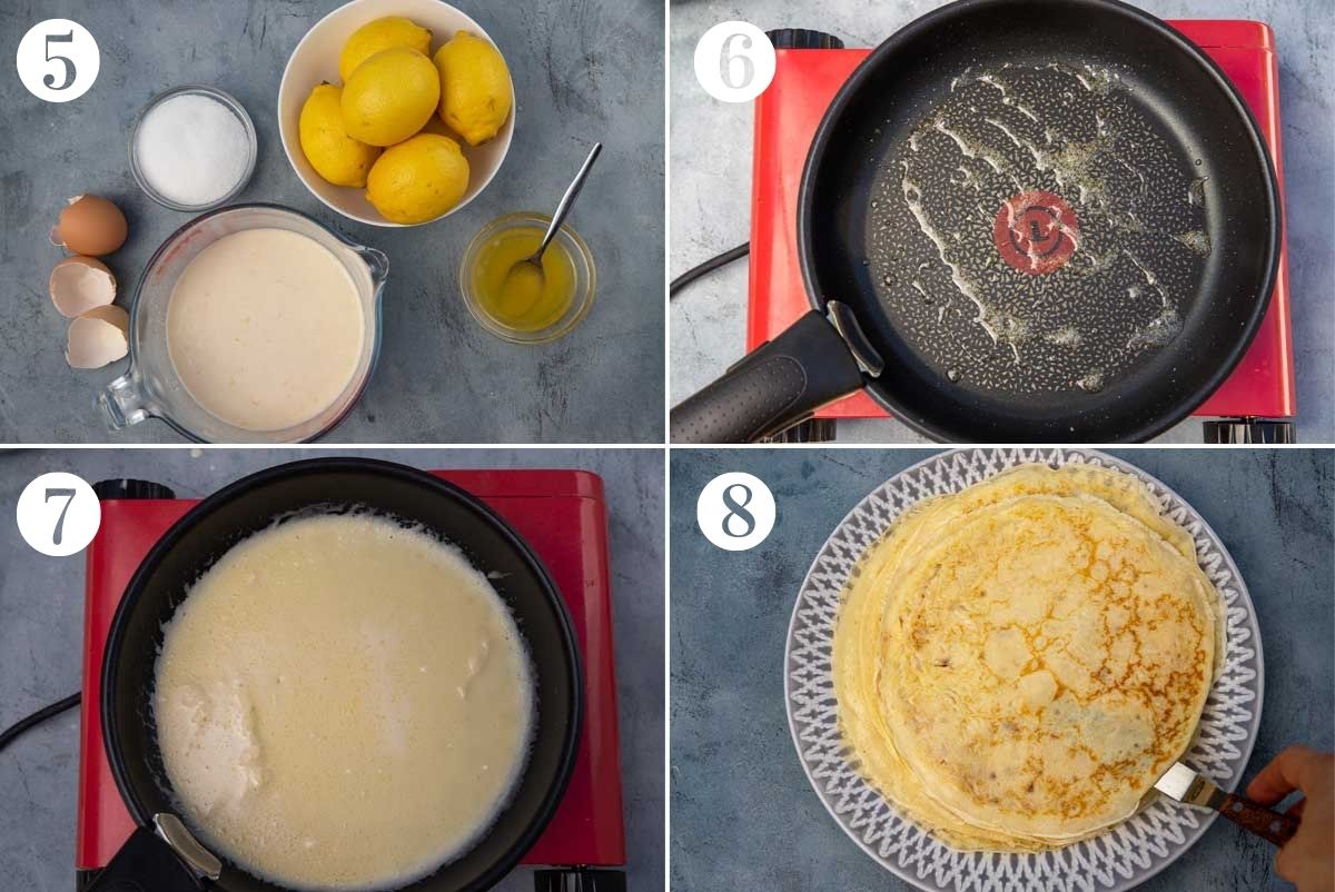 collage of 4 images showing how to cook English pancakes in a pan