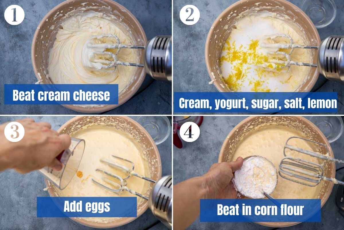 collage of 4 images showing how to mix the ingredients together to make a San Sebastian or burnt basque cheesecake