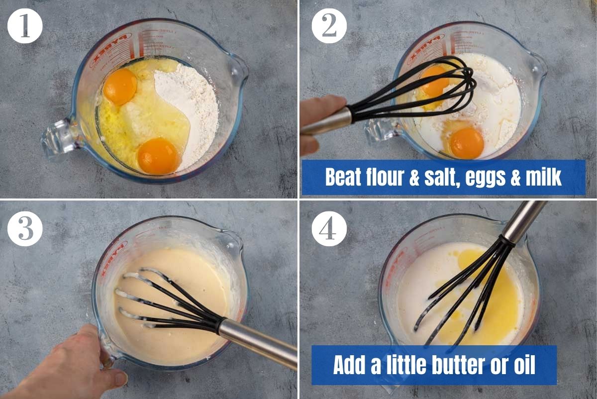 collage of 4 images showing how to mix batter for English pancakes with a whisk