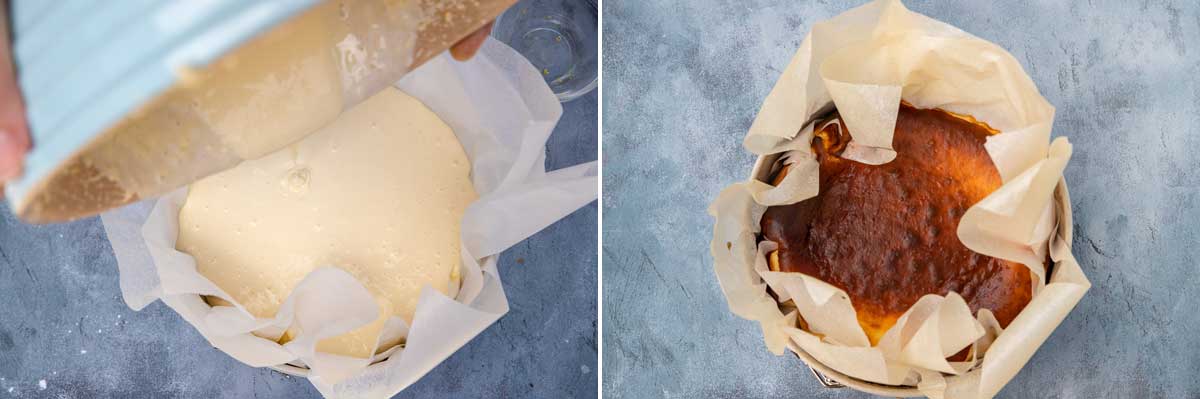 collage of 2 photos showing a San Sebastian cheesecake in the pan raw before baking and dark golden after baking