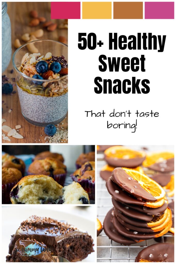 A collage of 4 healthy sweet snacks including blueberry muffins and yogurt parfait with a title on it for Pinterest that says 50+ healthy sweet snacks that don't taste boring