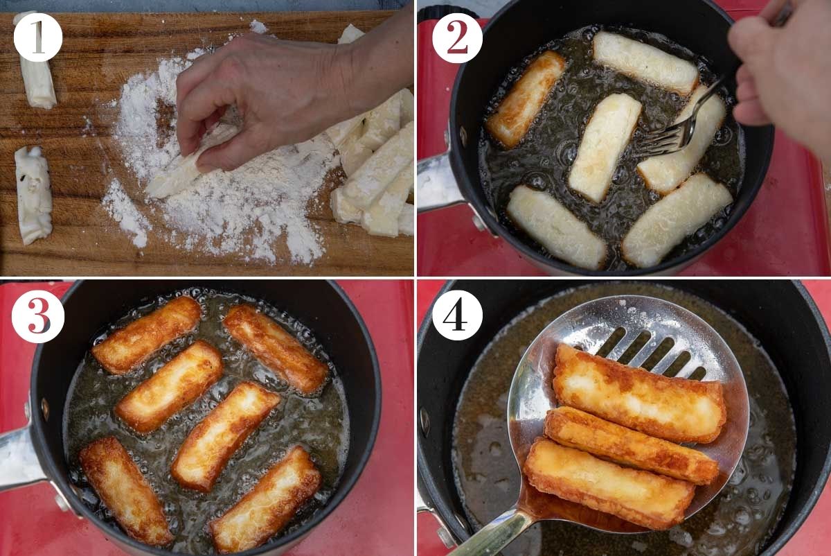4 numbered images showing how to make halloumi fries including rolling them in flour, frying them, flipping over with a fork and taking out of the pan with a slotted spoon