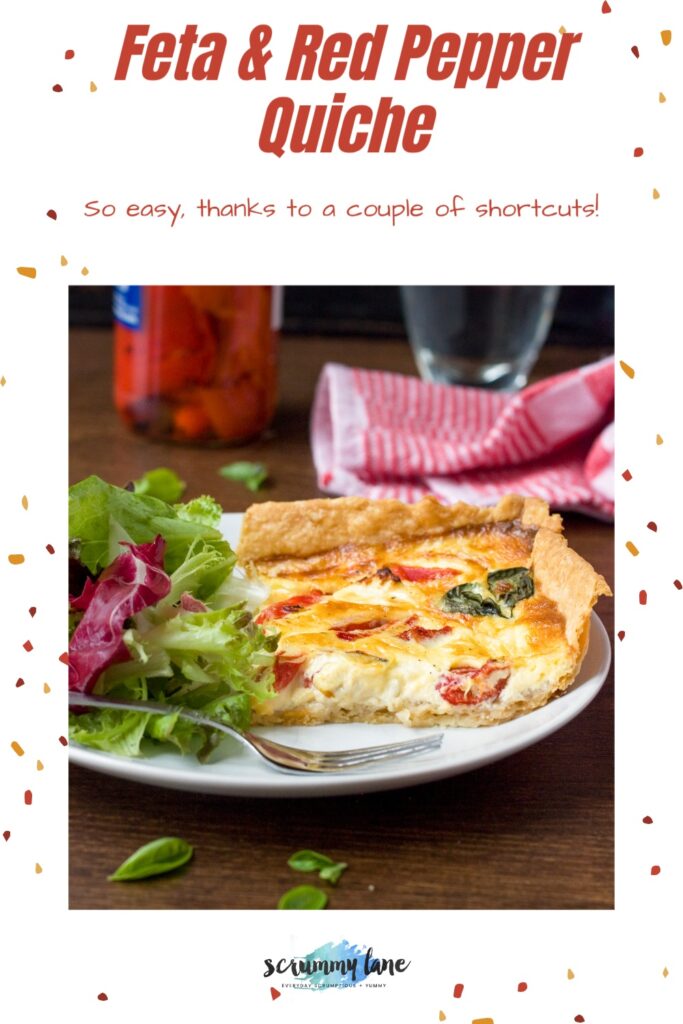 Slice of red pepper feta quiche on a white plate and with a title above it for Pinterest.