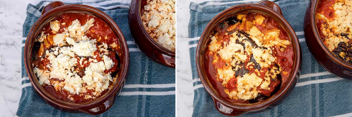 Collage of 2 images showing baked eggplant with tomato and feta before and after baking.