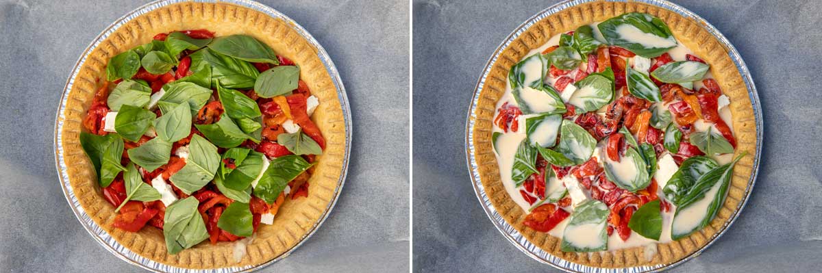 Collage of 2 images showing filling in a pre-baked quiche crust and the same crust with egg mixture poured in ready to be baked.