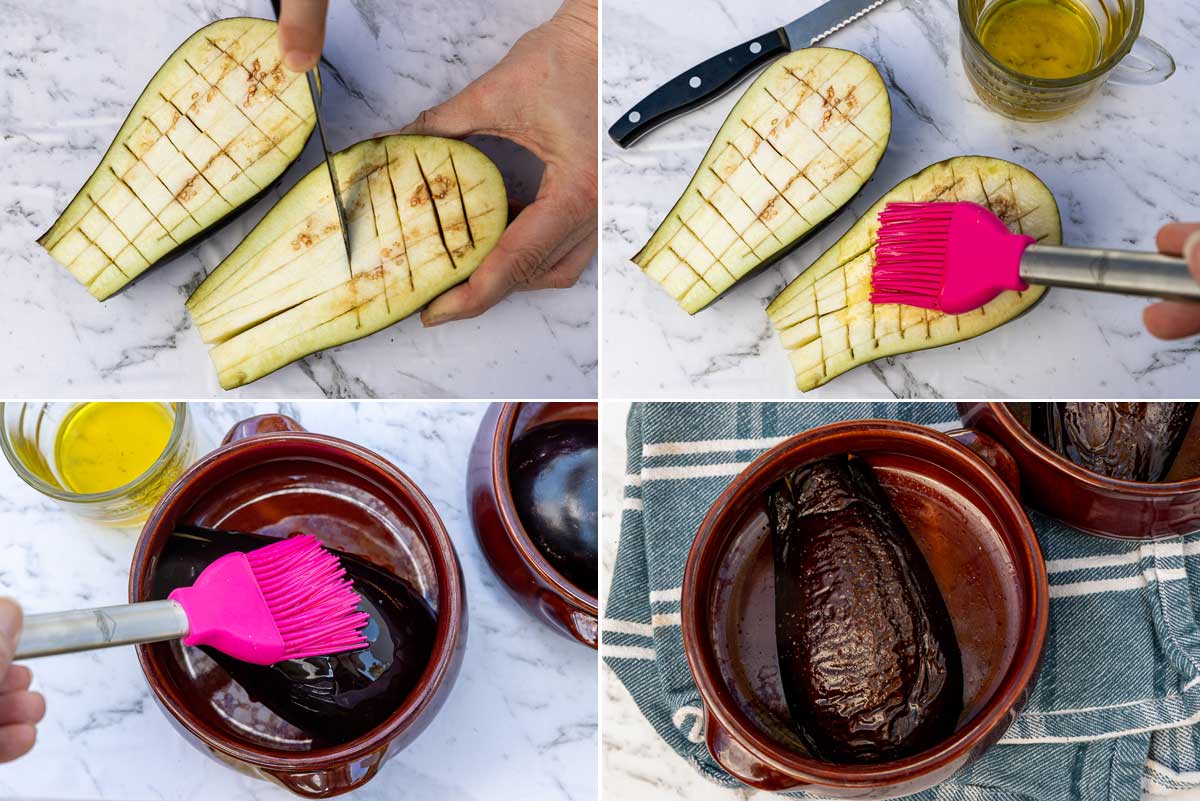 Collage of 4 images showing scoring half an eggplant, brushing with olive oil on both sides, and the finished baked eggplant in a ceramic dish.