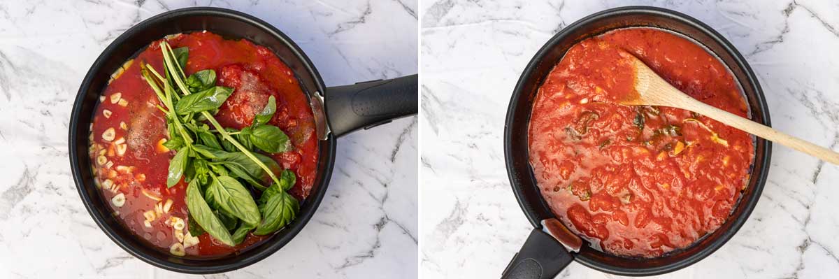 Collage of 2 images showing ingredients for marinara sauce in a pan and the finished sauce
