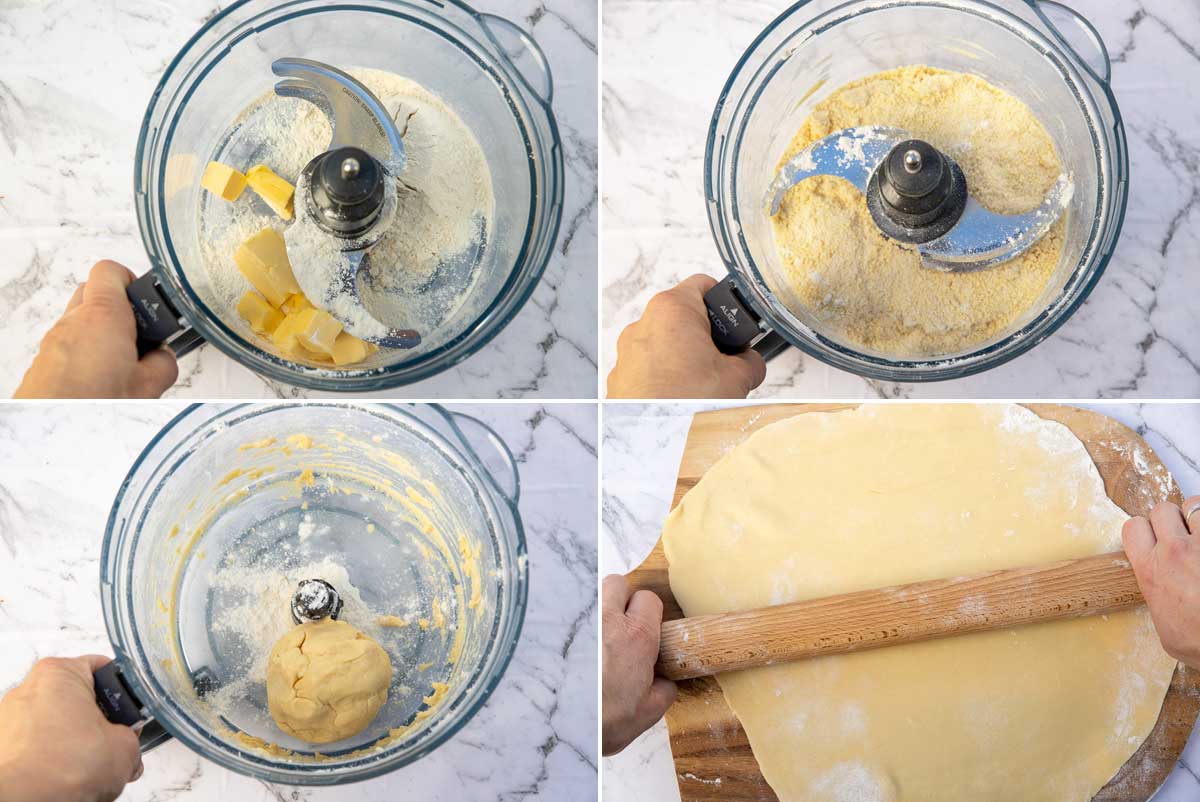 Collage of 4 images showing someone making simply homemade shortcrust pastry for a quiche lorraine.