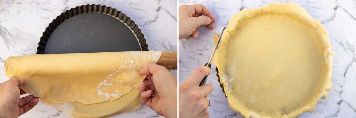 Someone lining a quiche pan with homemade pastry and then trimming it with a knife.