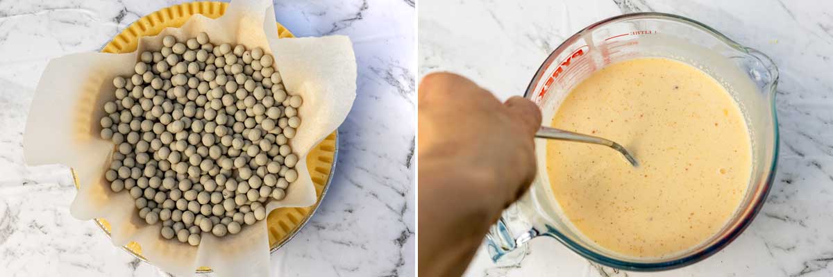 Collage of 2 images showing baking beans in a pastry case ready for blind baking and someone stirring a jug of egg mixture for a quiche.